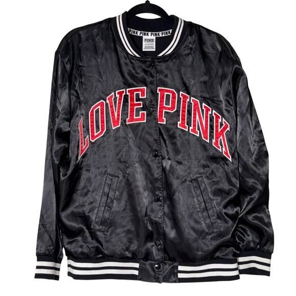 PINK Victoria's Secret Jackets & Blazers - PINK Victoria's Secret 'Love Pink' Black Satin Bomber Button Up Jacket Sz Small